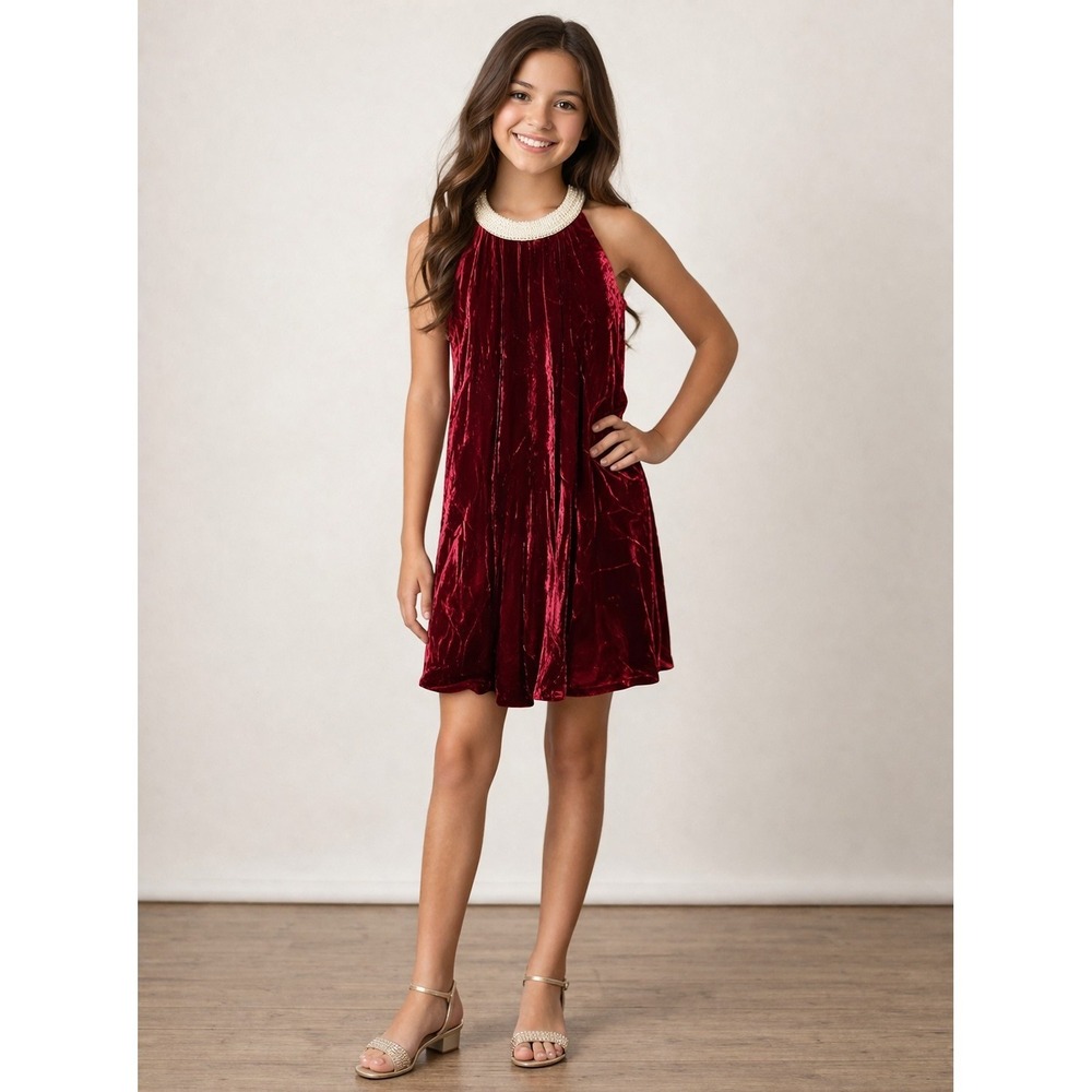 Ralph Lauren Girls 14‎ Red Velvet Silk Blend Dress Holiday Coquette Luxe Pearls